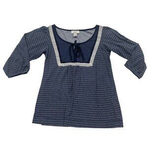 Ann Taylor Loft Womens Navy Printed Top Size S Boho Tie Neck 3/4 Sleeve